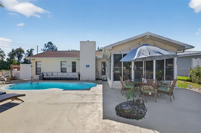 a view of a swimming pool with seating area