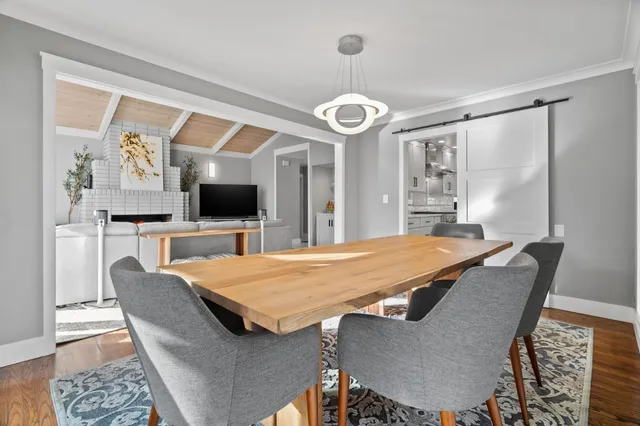 a view of a dining room with furniture