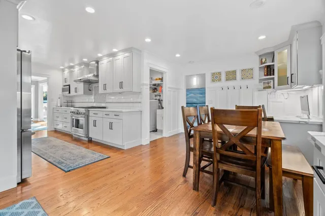 a view of a dining room kitchen and a window