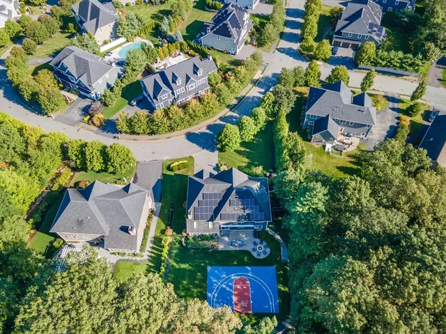 an aerial view of multiple houses with yard