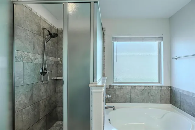 a bathroom with a bathtub and a shower