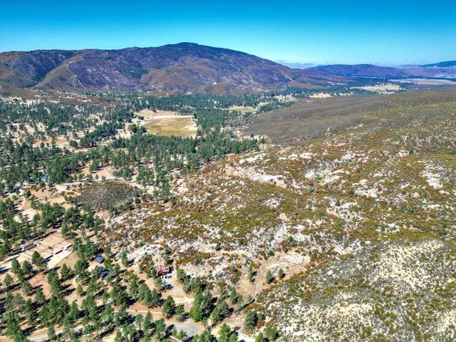 a view of a lush green field with mountains in the background