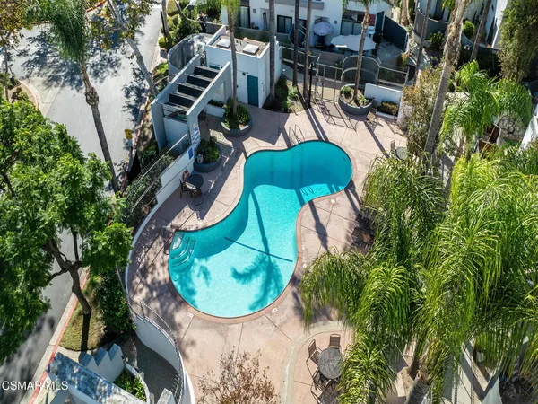 a view of a swimming pool with a patio and palm trees