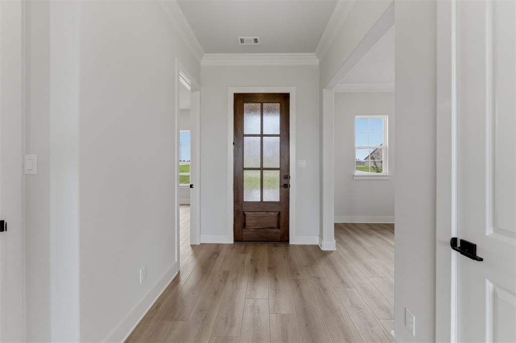 2204 Continent Court Krum, TX 76249 - Photo 8 of 28 Entryway featuring a dark wood door with frosted glass panes, light wood-finish flooring, white baseboards, crown molding, and light gray wall paint