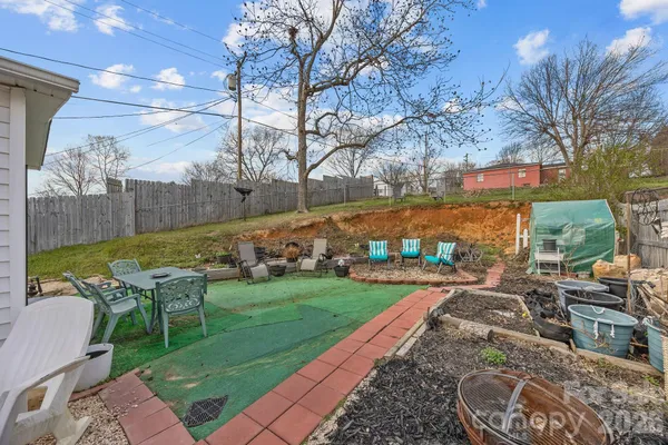 a view of a backyard with sitting area