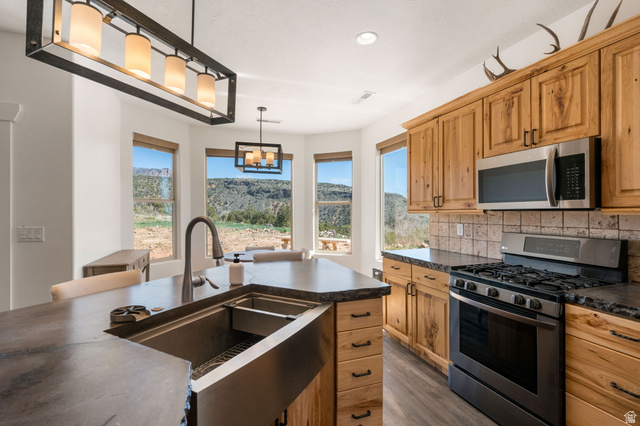 62 North Lucky 7 Road Veyo, UT 84782 - Photo 9 of 43 Kitchen featuring stainless steel appliances, decorative backsplash, light wood finished floors, and healthy amount of natural light