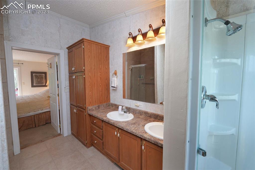 187 Blue Spruce Road Divide, CO 80814 - Photo 11 of 31 a bathroom with a double vanity sink and a mirror