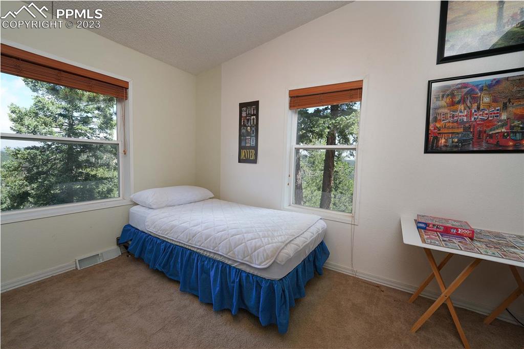 187 Blue Spruce Road Divide, CO 80814 - Photo 15 of 31 a bedroom with a bed window and a table in it