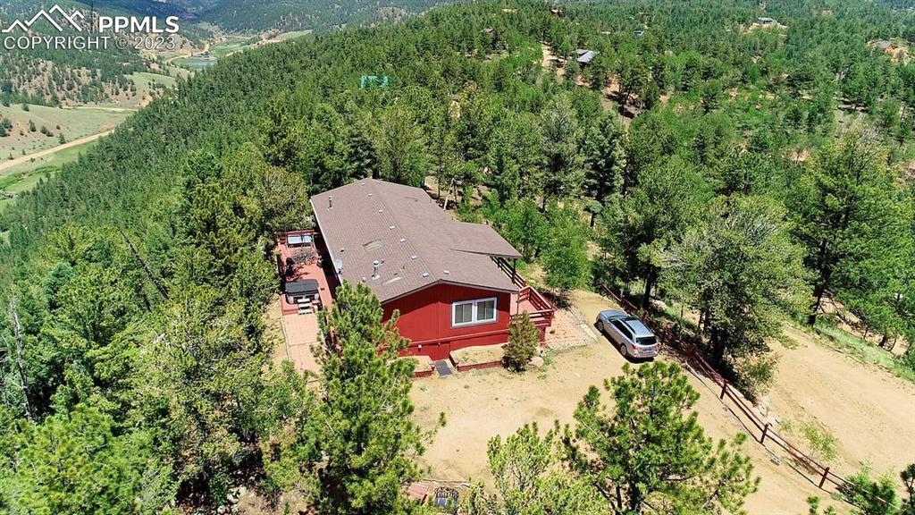 187 Blue Spruce Road Divide, CO 80814 - Photo 3 of 31 an aerial view of a house with a yard and large trees