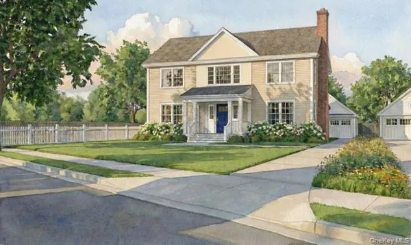 a front view of house with yard and green space