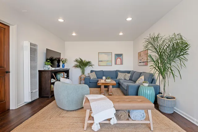 a living room with furniture and a potted plant