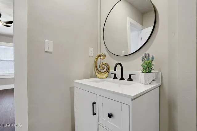 a bathroom with a sink and a mirror