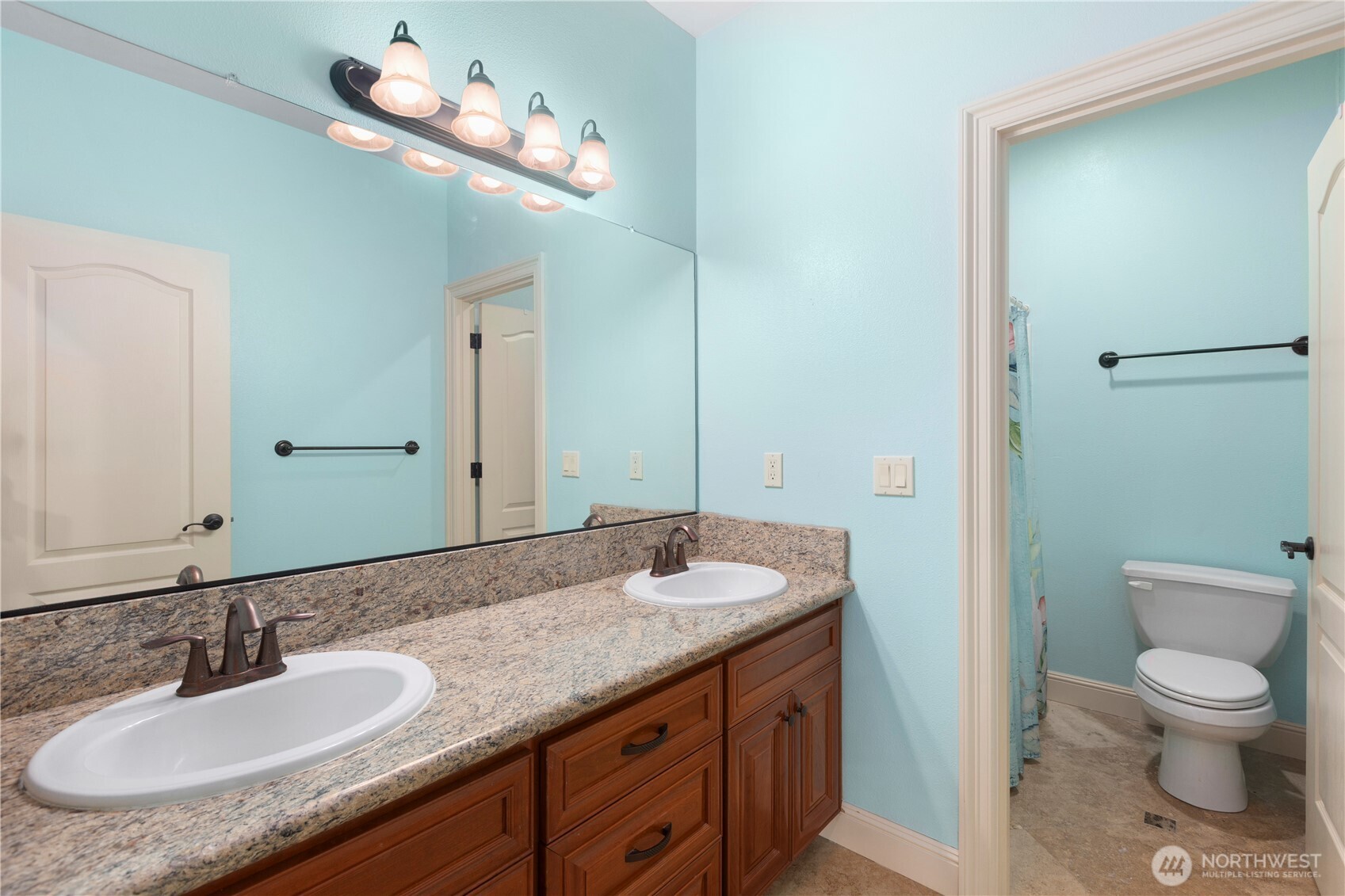 3015 Lighthouse Keepers Road Ilwaco, WA 98624 - Photo 27 of 40 a bathroom with a granite countertop sink a toilet and a mirror
