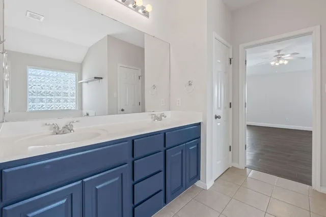 a bathroom with a sink double vanity and a mirror