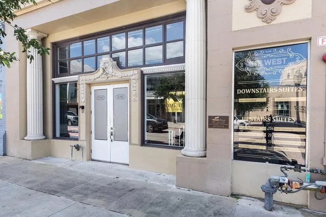 a view of a building with a porch