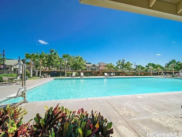 a view of a park with large trees