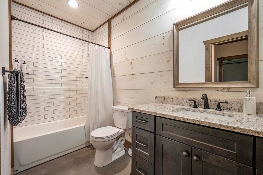 1085 Dills Road Blue Ridge, GA 30513 - Photo 43 of 54 a bathroom with a granite countertop sink toilet and shower