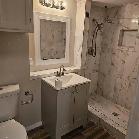 a bathroom with a sink mirror vanity and toilet