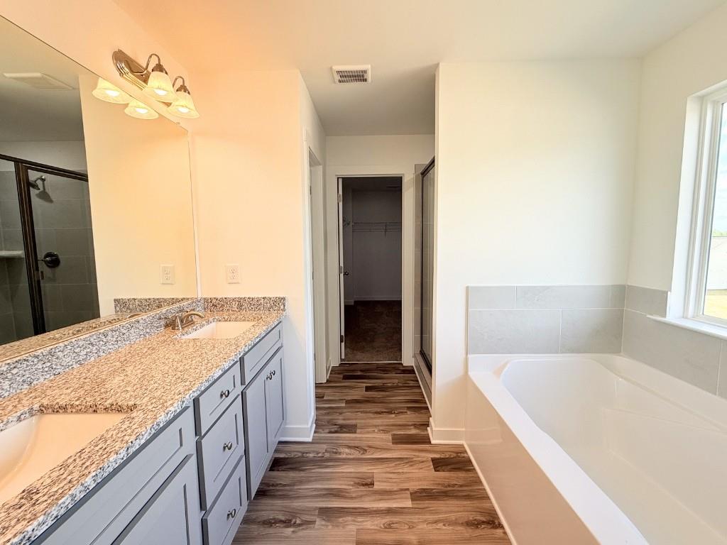 123 Purackal Lane Statham, GA 30666 - Photo 17 of 49 a bathroom with a granite countertop sink and a bathtub