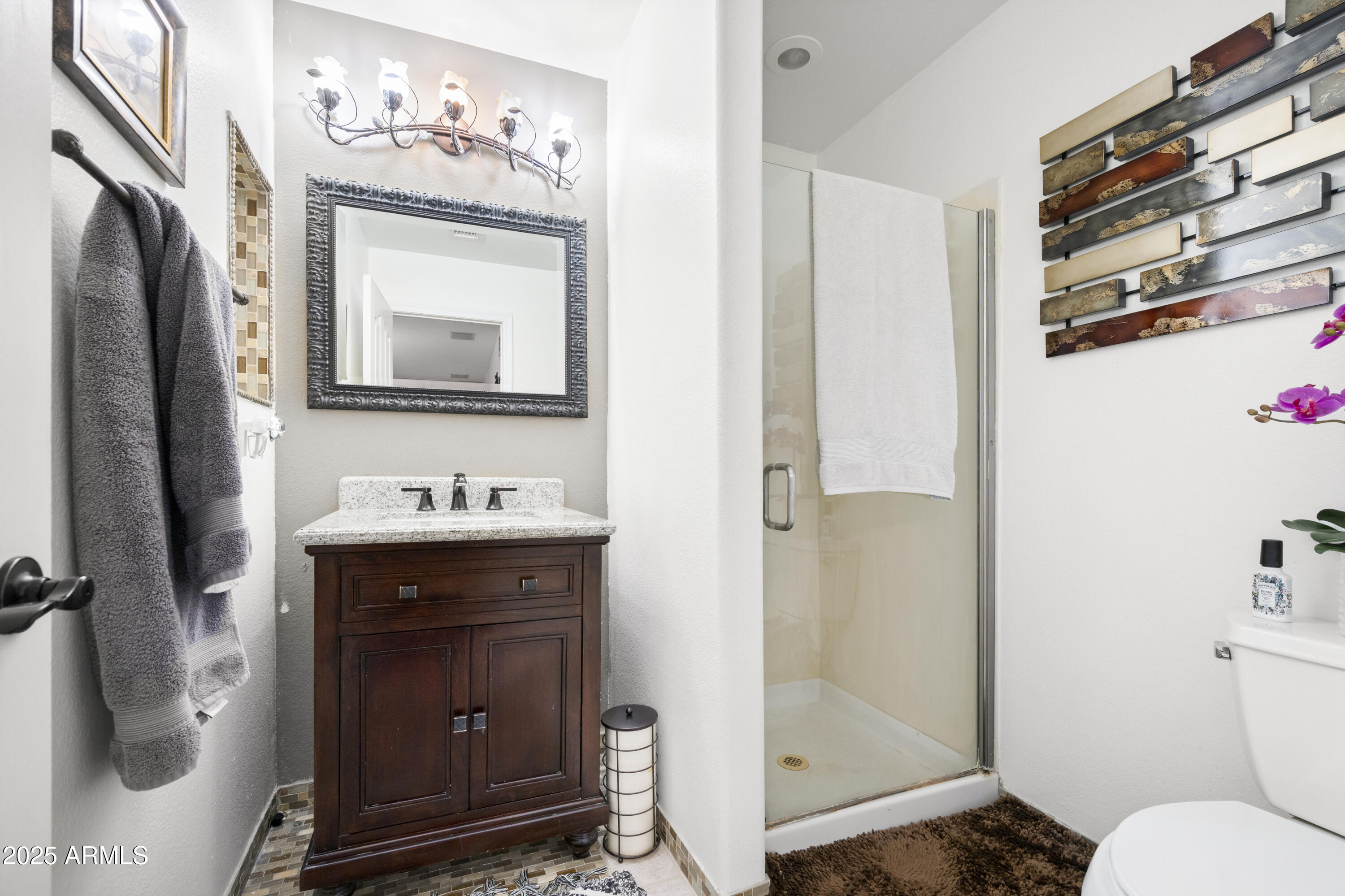 6419 West Briles Road Phoenix, AZ 85083 - Photo 16 of 28 a bathroom with a granite countertop sink toilet and shower