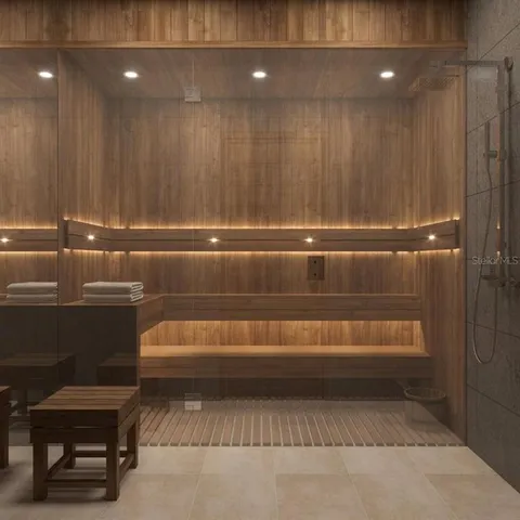 a view of a room with racks and furniture