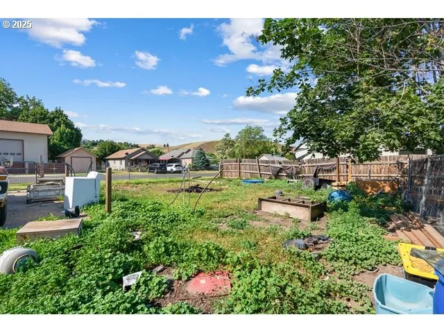 a view of a garden with houses