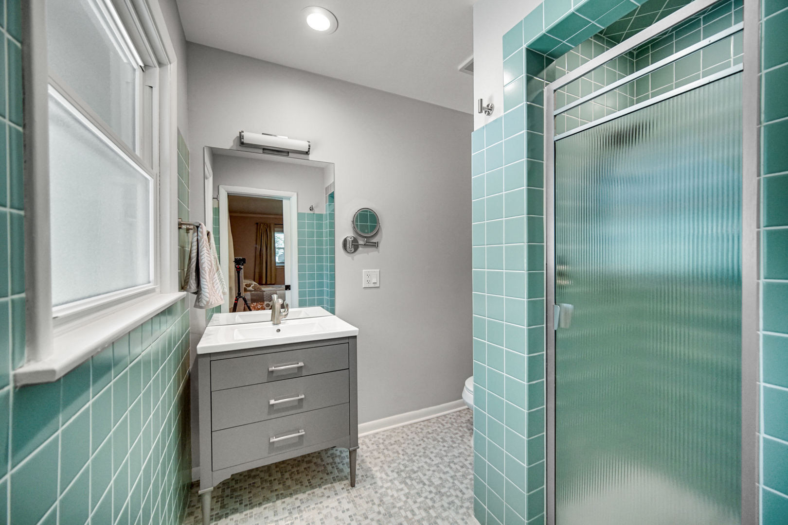 1006 Gardner Road Flossmoor, IL 60422 - Photo 12 of 33 a bathroom with a shower sink and mirror