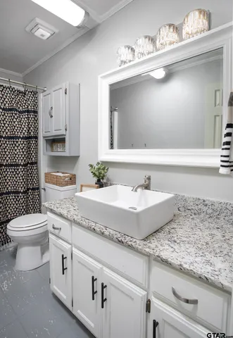 a bathroom with a granite countertop sink a toilet and mirror
