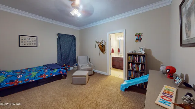 a bedroom with furniture and book shelf