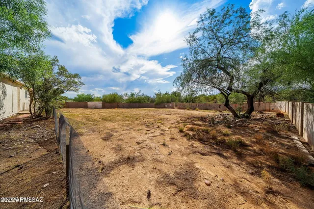 a view of a yard with trees in the background