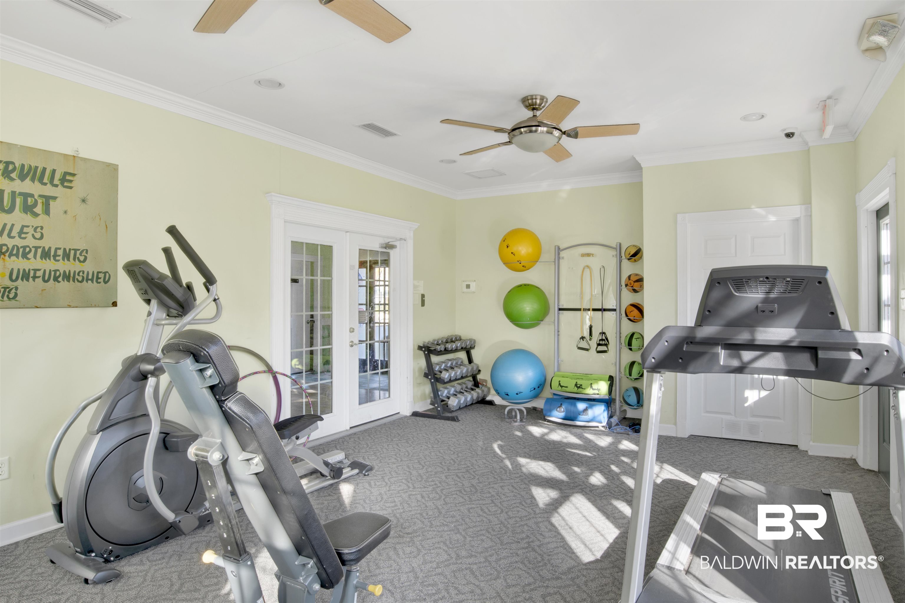 214 Upham Street, Unit 7A Mobile, AL 36607 - Photo 35 of 35 Exercise room featuring french doors, ornamental molding, and ceiling fan