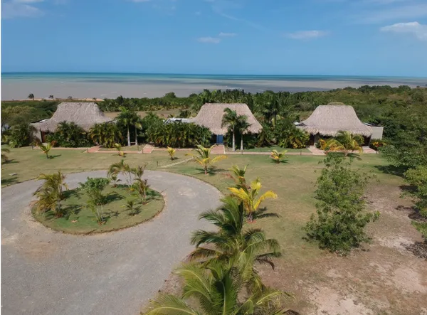 an aerial view of a house with a yard and lake view