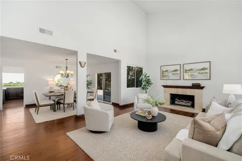 a living room with furniture fireplace and potted plants