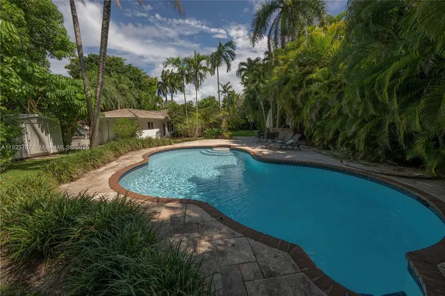 a view of a swimming pool with a yard