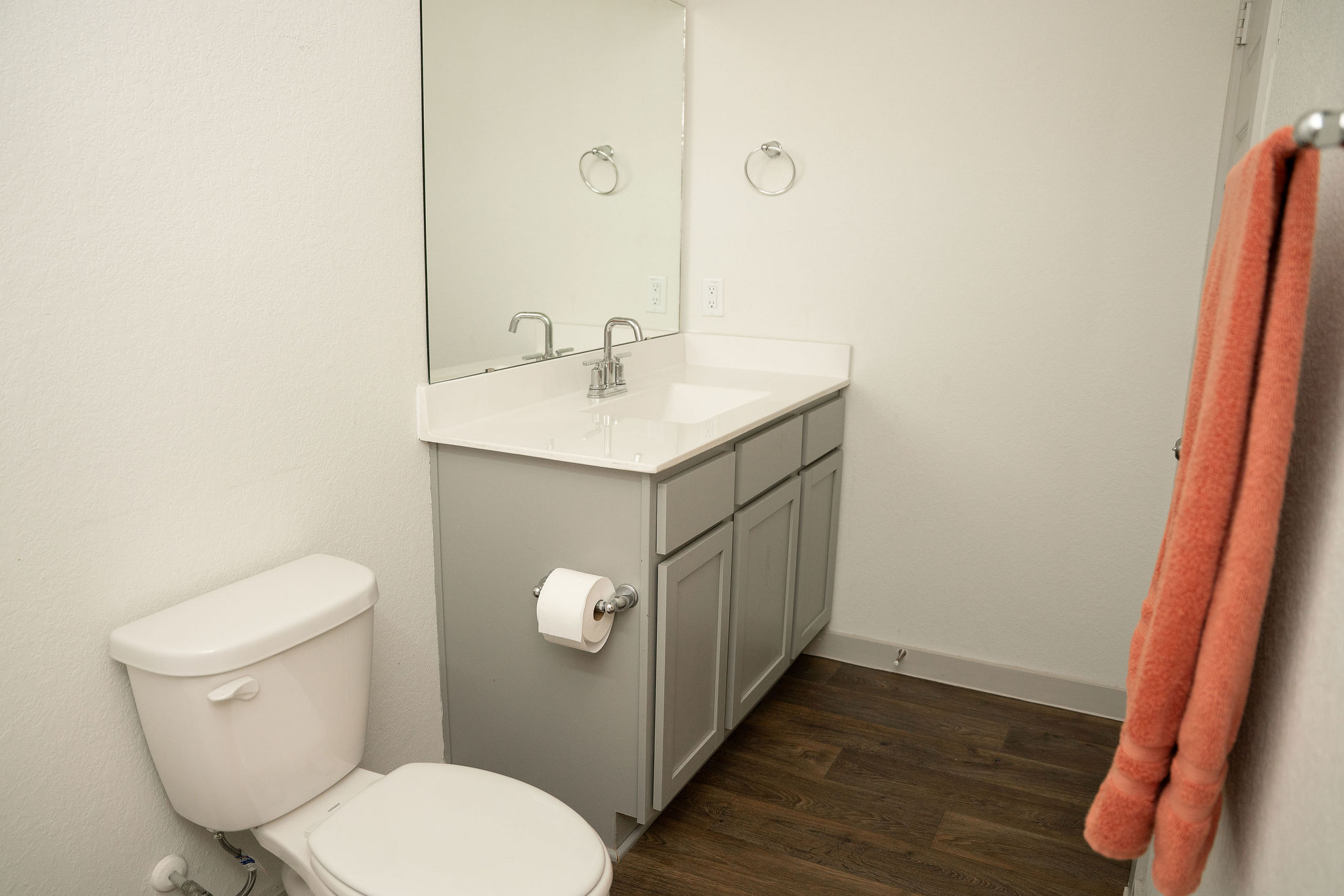120 Wichita River Road Hutto, TX 78634 - Photo 27 of 31 Rich wood-look flooring anchors a clean vanity space topped with a broad mirror.