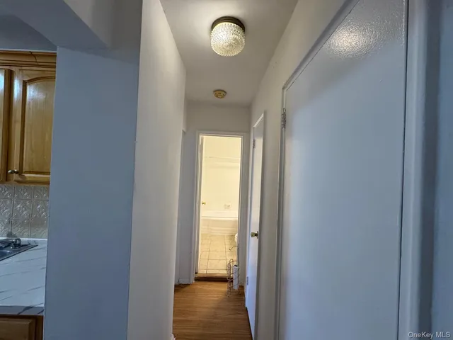 a view of a hallway with wooden floor and door