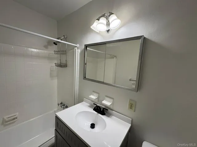 a bathroom with a sink mirror and vanity