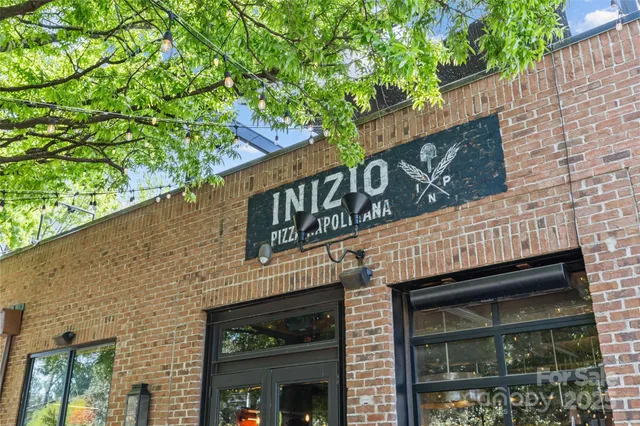 a view of a street with potted plants and large trees
