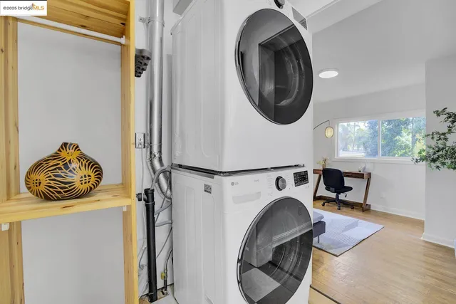 a workspace with furniture and a potted plant