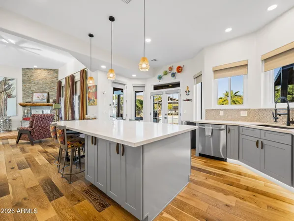 a view of a dining room with furniture