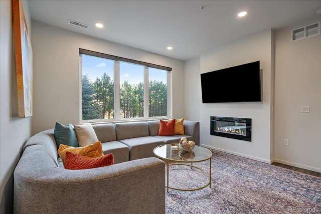 a living room with furniture a flat screen tv and a fireplace