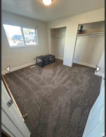 106 East Richelman Lane Wellington, UT 84542 - Photo 15 of 35 Unfurnished bedroom featuring multiple closets, dark carpet, and a textured ceiling