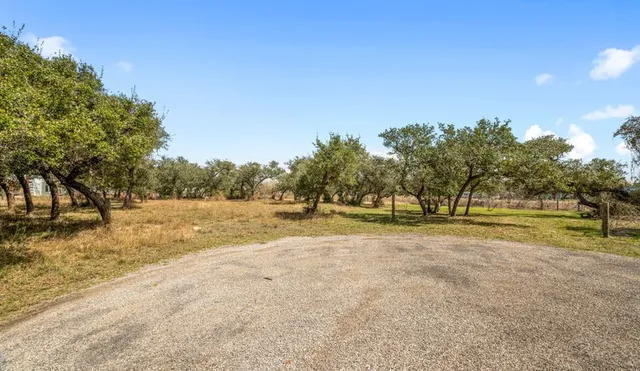 a view of swimming pool with large trees and a big yard