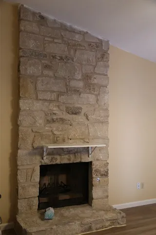 a room with a fireplace