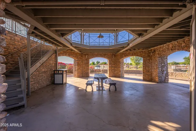 a view of tall building with a slide