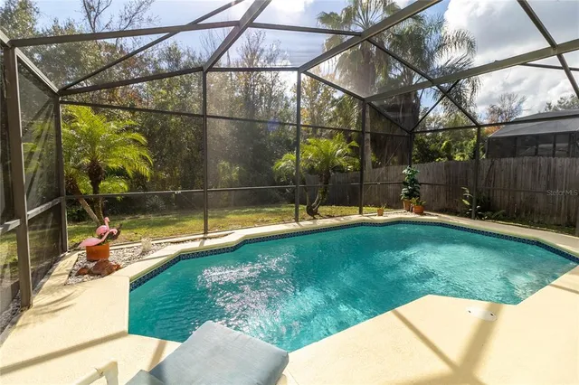 a view of a backyard with a small pool