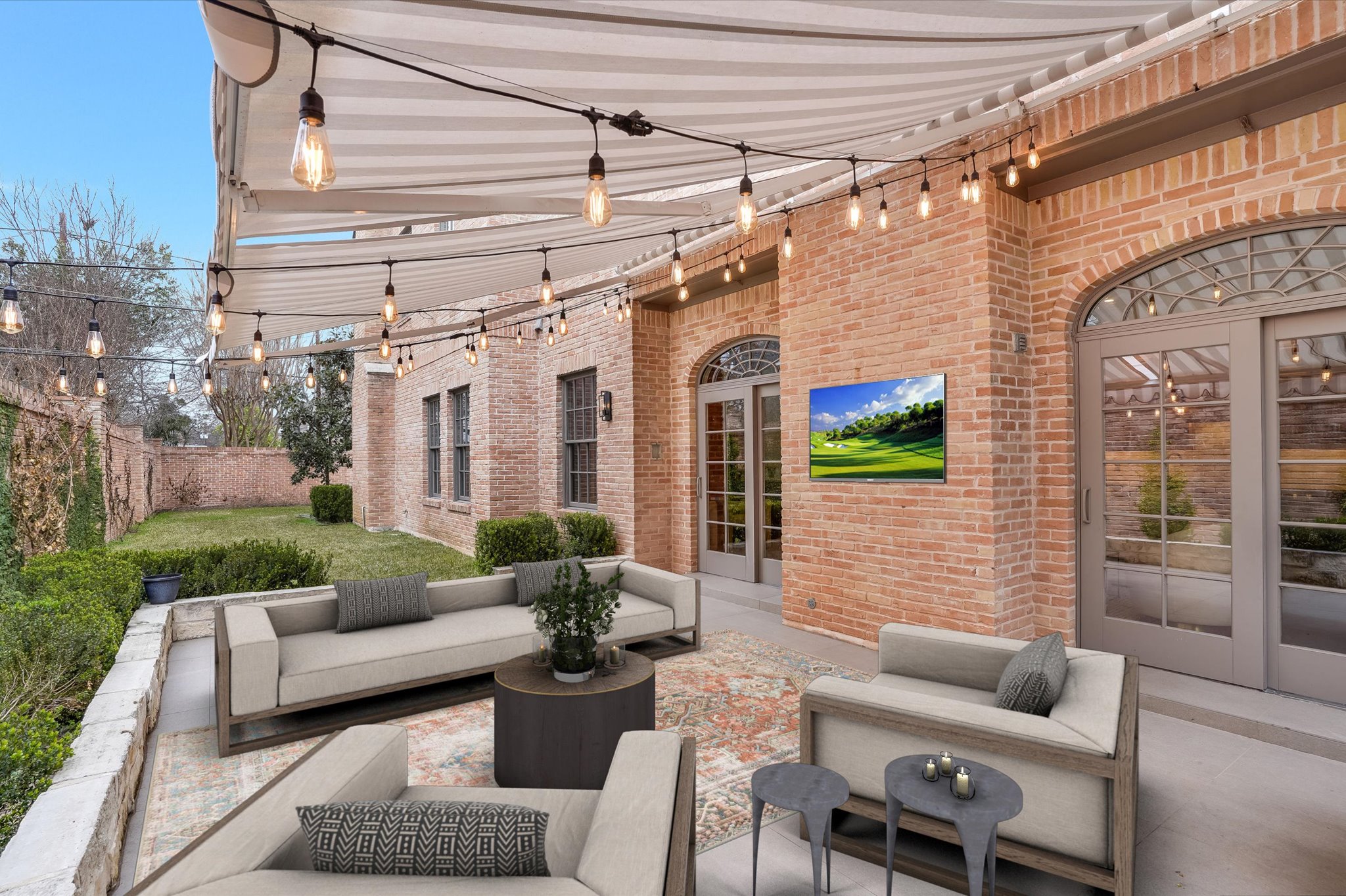 3705 Gilbert Street, Unit B Austin, TX 78703 - Photo 29 of 35 View of patio featuring an outdoor living space, french doors, and fence