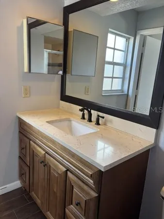 a bathroom with a sink and a mirror