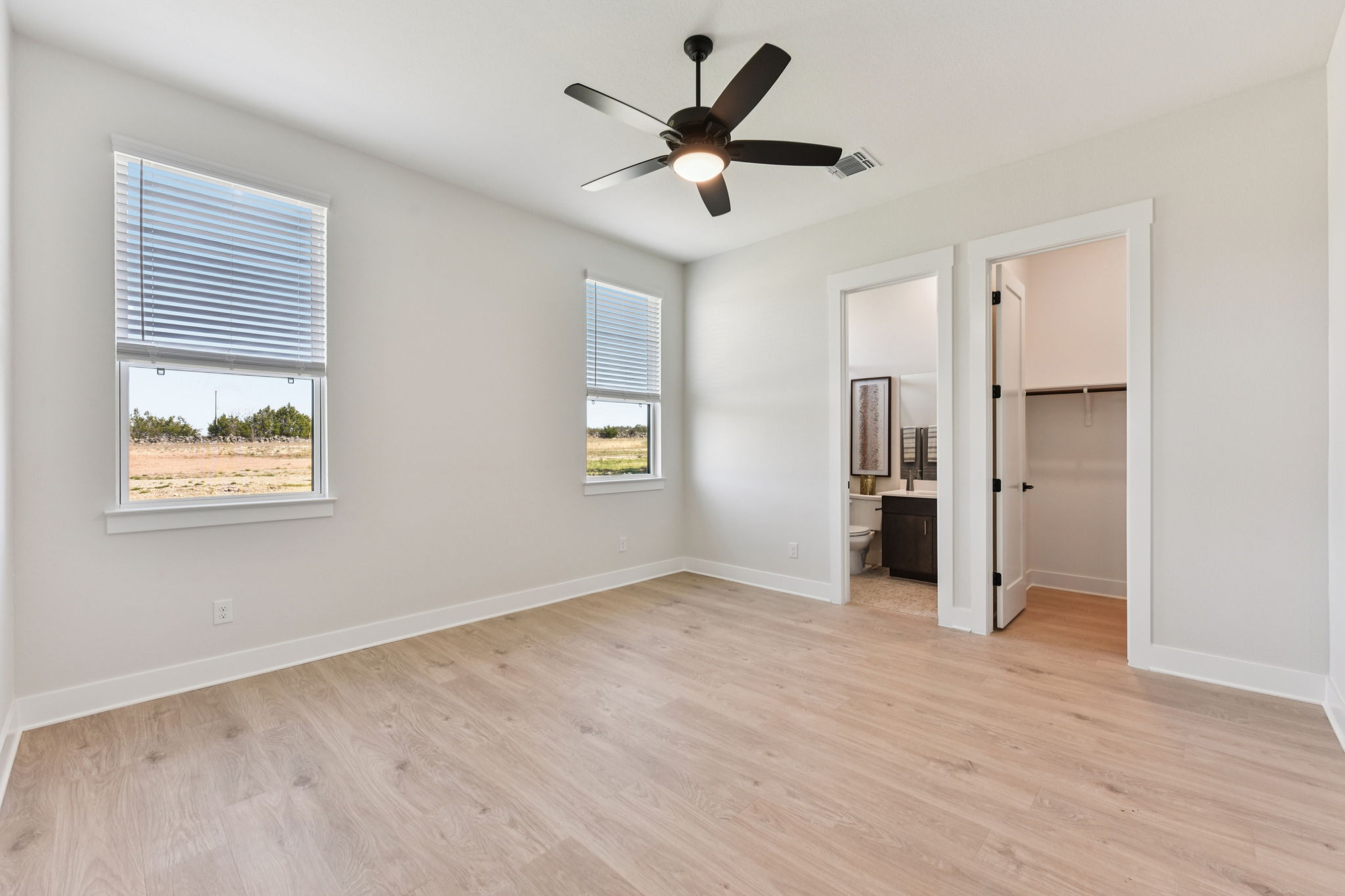 1400 Paxton Lane Georgetown, TX 78633 - Photo 24 of 39 Unfurnished bedroom featuring a walk in closet, light wood finished floors, and ceiling fan