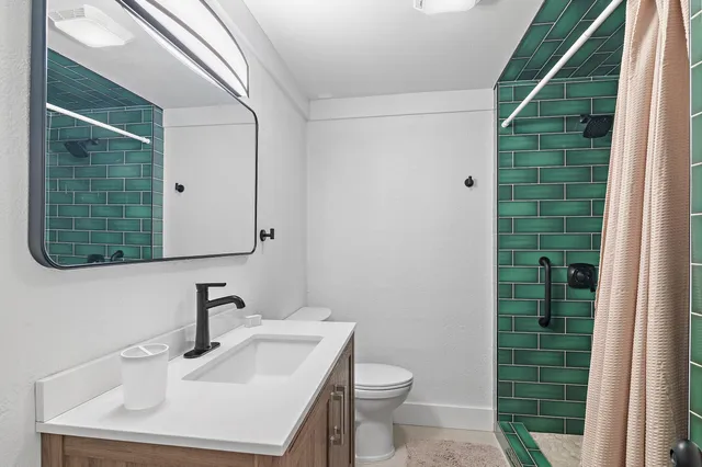 a bathroom with a sink a toilet and shower